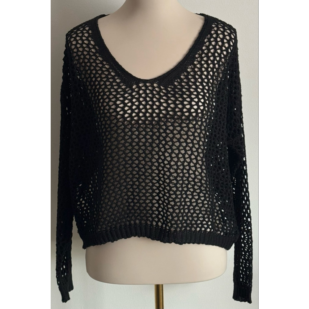 Women's AIMAGE Black Mesh Knit V-Neck Sweater L
